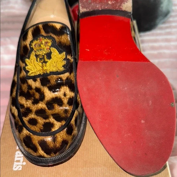 CHRISTIAN LOUBOUTIN Laperouza Brown Gold Leopard Print Patent Leather Loafer 37
